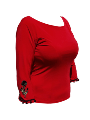 Blusa Flamenca Magnólia Vermelha Madroños Pretos com Flor Aplicada