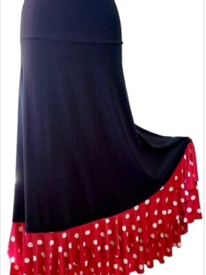 Saia Flamenca Jasmim Preta com Babados Vermelho Poá Branco