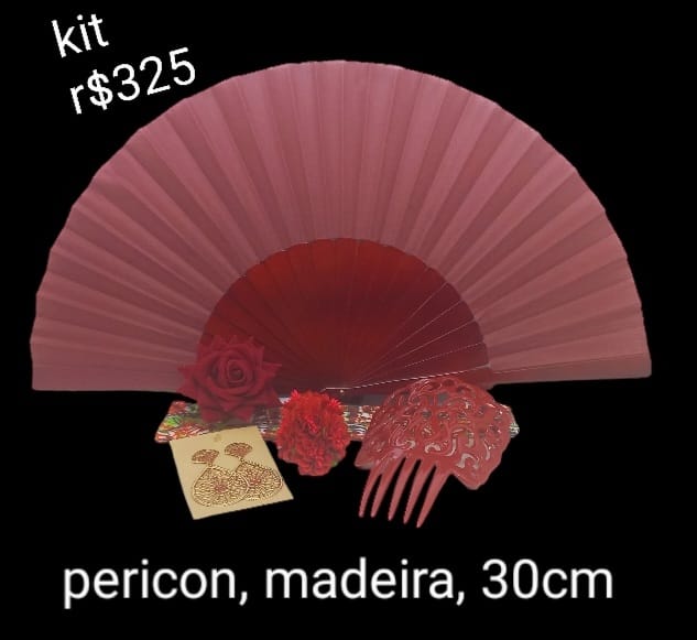 Kit G Leque Madeira 30cm + Porta-Leque + Duas Flores + Brinco + Peineta