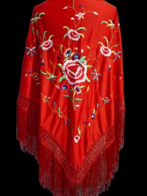 Xale (Mantone) vermelho bordado colorido