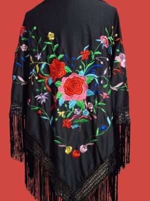 Xale (Mantone) preto bordado colorido