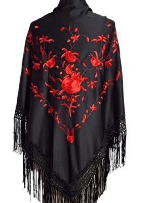 Xale (Mantone) preto bordado vermelho